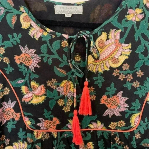 Cost Plus World Market Women's Floral Jungle Pedant Tasseled Popover Dress S/M - Picture 2 of 6
